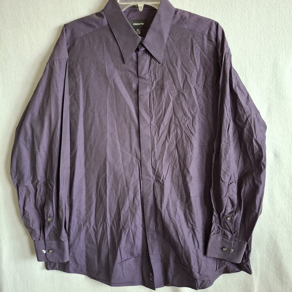 Claiborne Shirt Men's 16.5 32-33 Purple Cotton Long Sleeve Hidden Button Placket